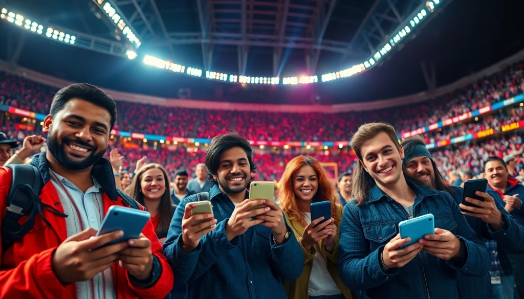 Engaged fans betting on https://22bet.tax/ in a lively sports arena with dynamic lighting and vibrant colors.