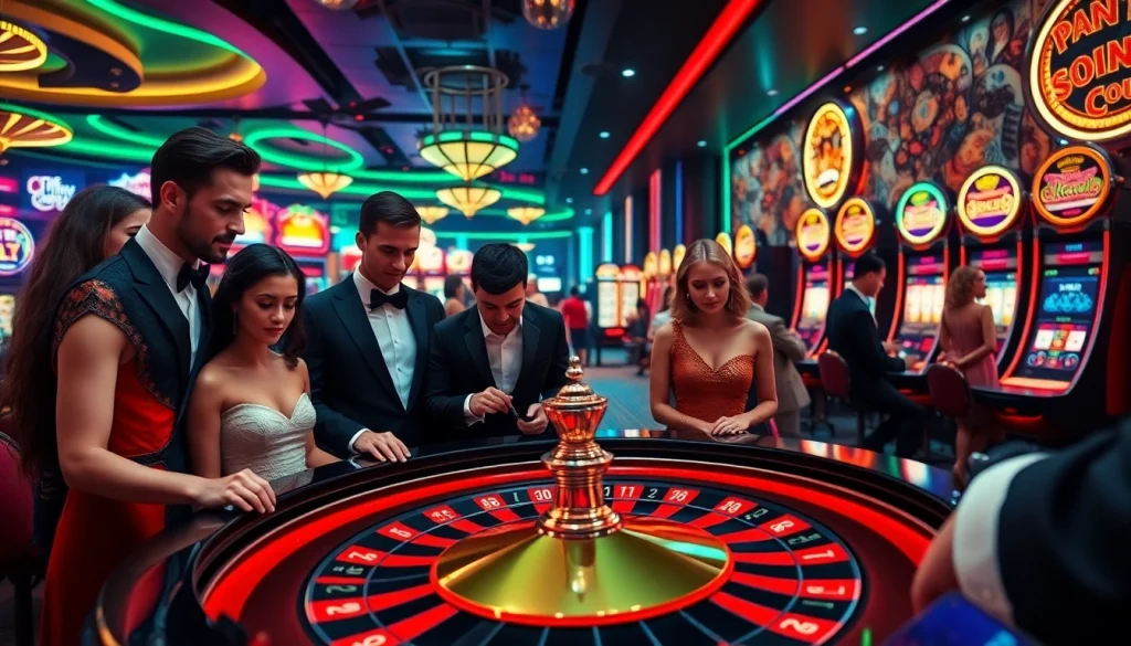 Casino players enjoying their experience at 98win9 dev, surrounded by slot machines and roulette tables.
