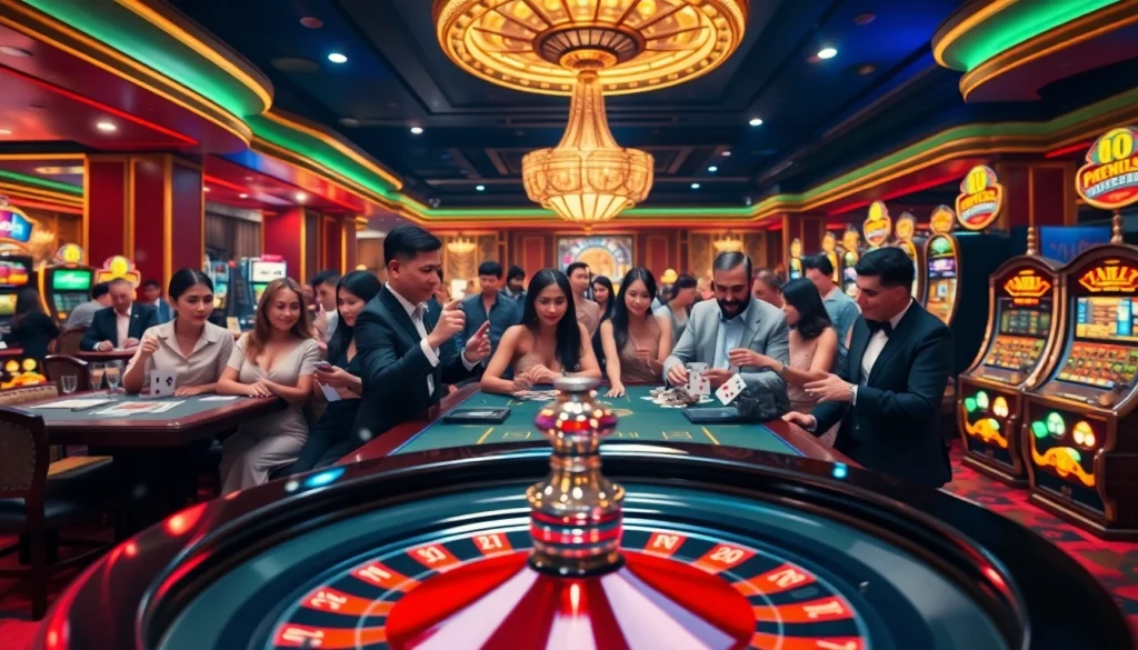 Play exciting games at qq88 com, featuring a vibrant casino scene with players engaging in roulette and card games.