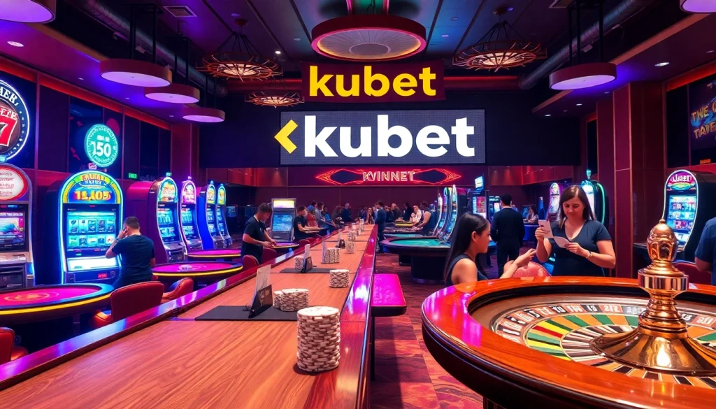 Experience the excitement of kubet with players at lively casino tables engaging in baccarat, blackjack, and roulette.