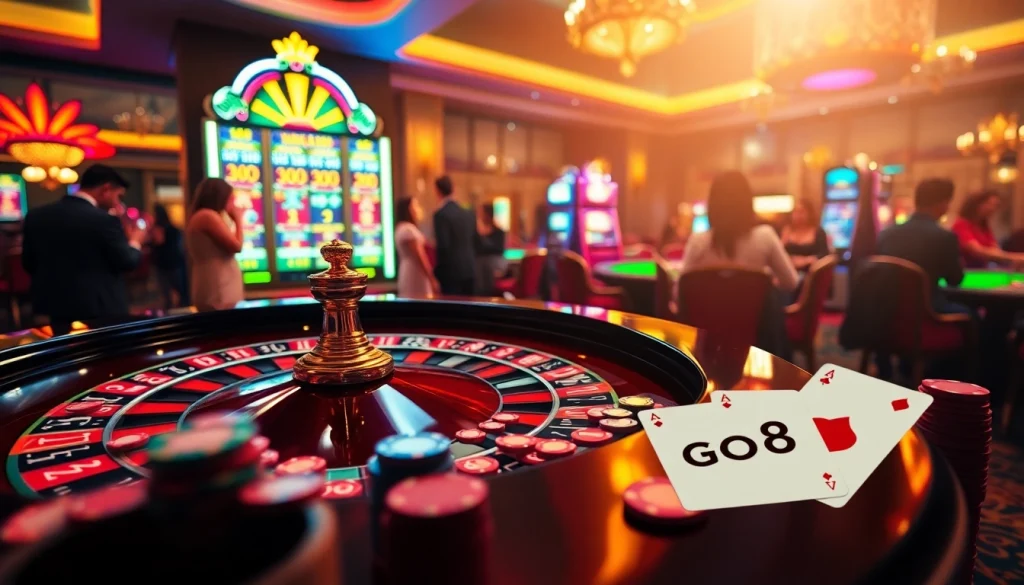 Experience the excitement of a high-stakes casino with go8 symbols on poker chips and vibrant roulette action.