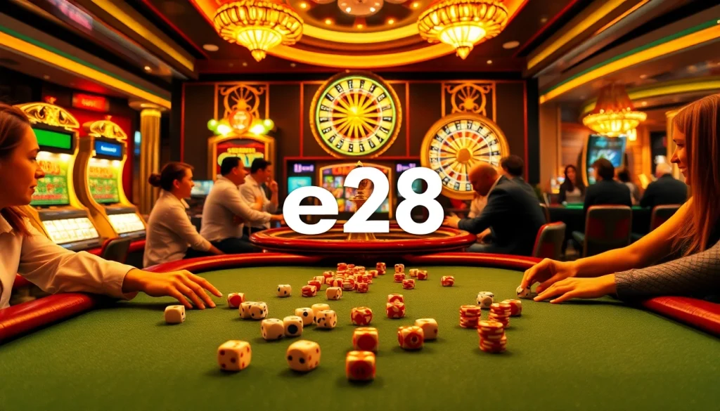 Engage in the thrilling atmosphere of an e28 casino game, showcasing vibrant poker action with chips and dice on a luxurious table.