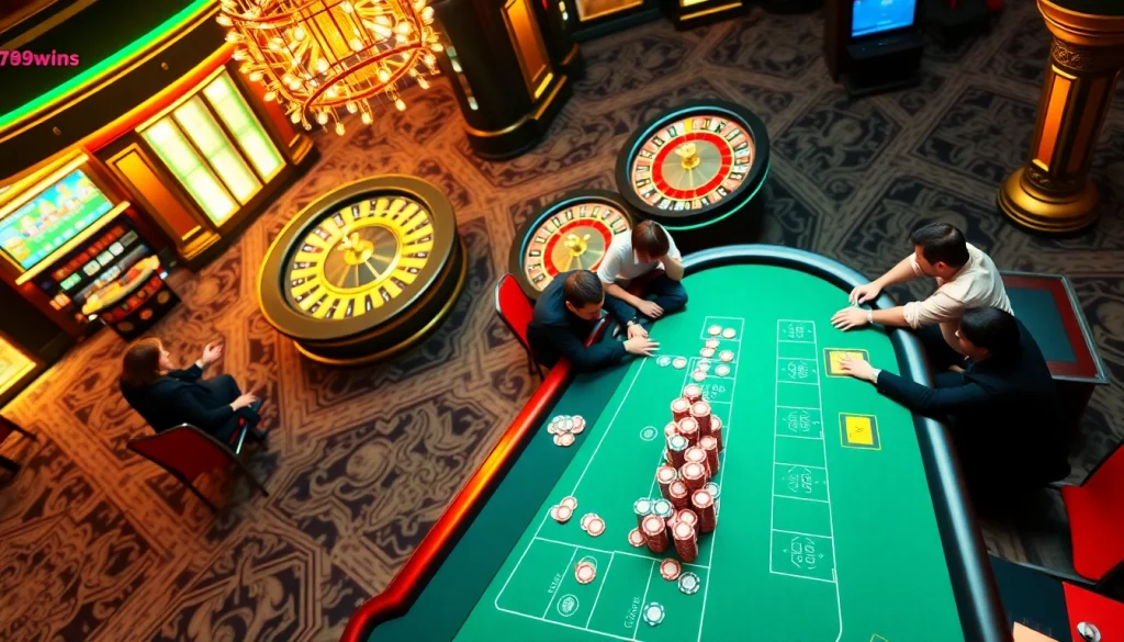 Experience the thrill of 789win13 at a vibrant blackjack table with excited players and colorful chips.