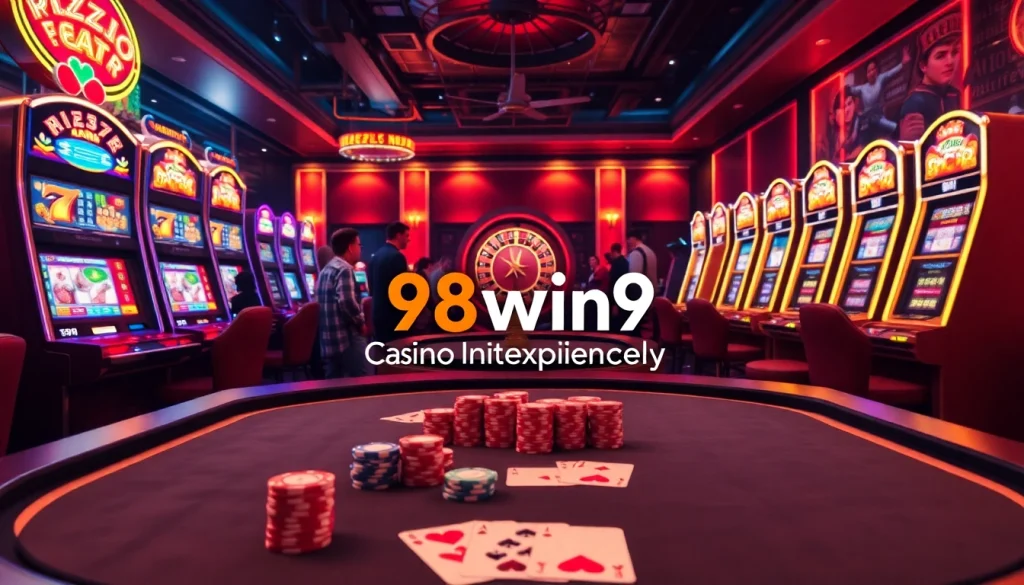 Exciting gameplay at 98win9 Casino, showcasing poker chips and players at vibrant tables.