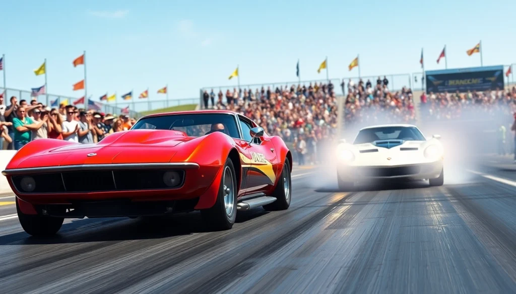 Drag Racing cars competing fiercely on a track with an enthusiastic crowd cheering.