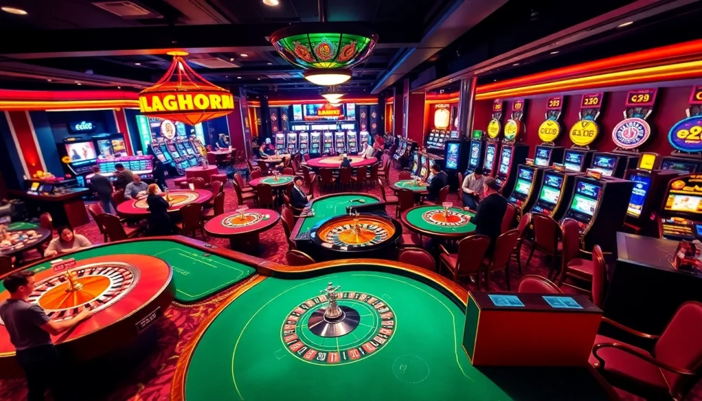 Casino scene with vibrant tables, players betting, and e28-themed roulette wheel.