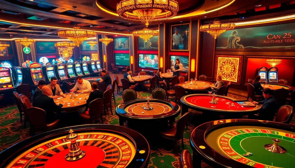 A dynamic casino scene at night featuring players at tables and glowing slot machines, emphasizing the excitement of https://hz88.my/ gambling.