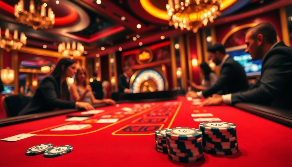 KJC poker chips and players enjoying a baccarat game in an elegant casino setting.