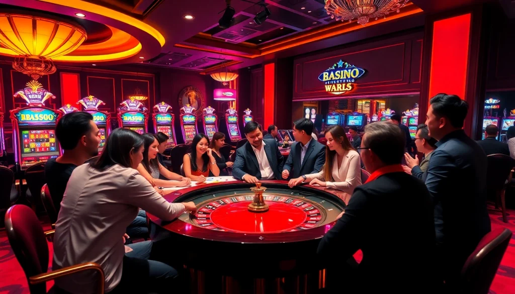 RR88 đăng nhập excitement at a roulette table featuring dynamic players and vibrant colors.
