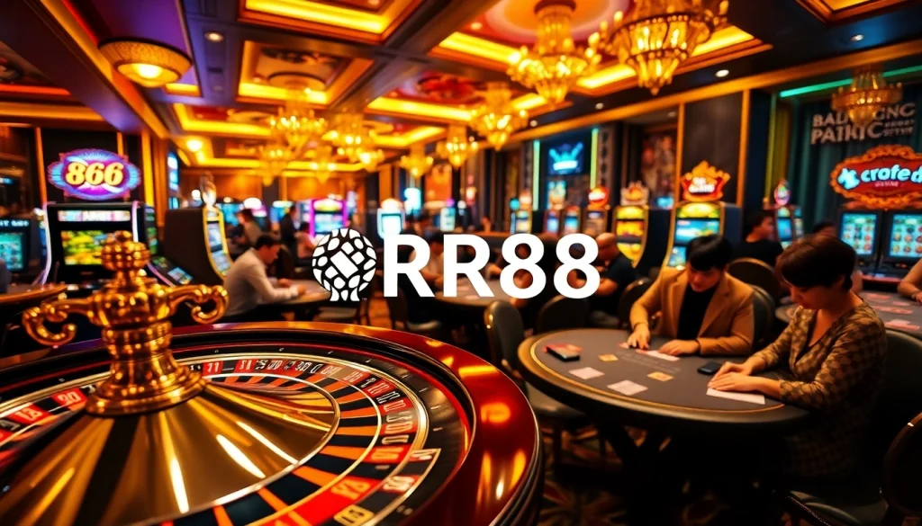 Experience the thrill of RR88 with players enjoying slot machines and roulette at a lively casino.