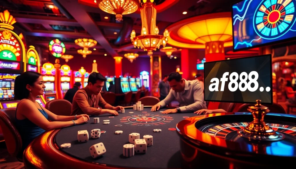 Explore the thrilling atmosphere of a casino featuring https://af88.mba/ with players intensely engaged at poker and roulette tables.