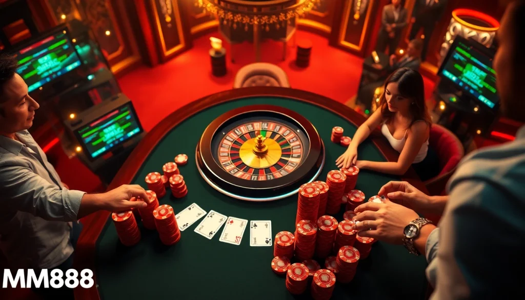 Experience thrilling gameplay at MM88.BAR with poker chips and vibrant casino tables.