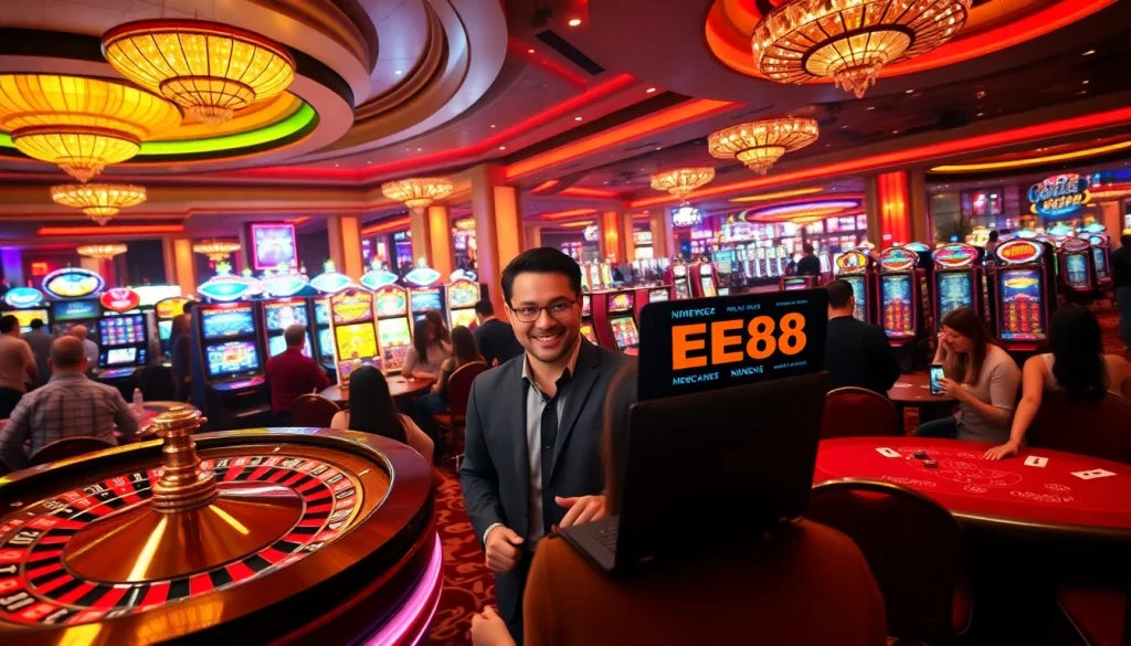 Players immerse in the excitement of Nhà cái EE88's vibrant casino atmosphere.