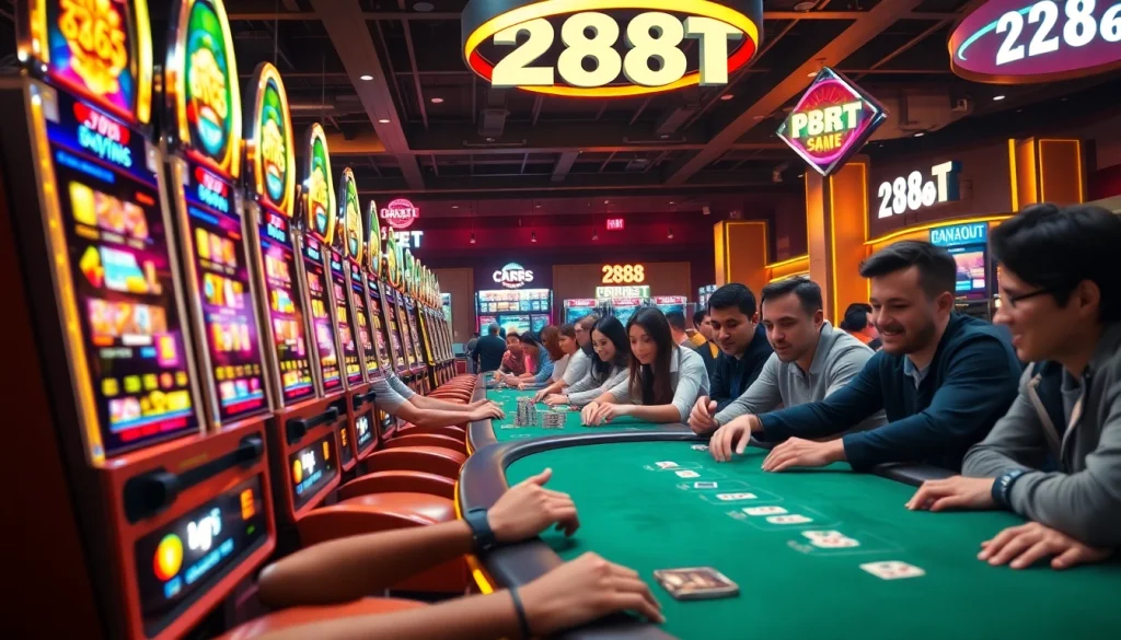 Experience the thrill of 288T with diverse casino players enjoying high-stakes poker amidst colorful slot machines.