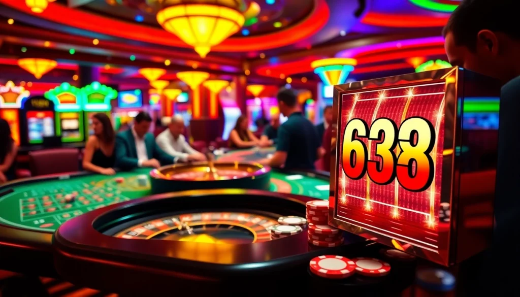 Experience high-stakes action at a casino with 63B slot games featuring vibrant poker chips and players engaged in thrilling bets.