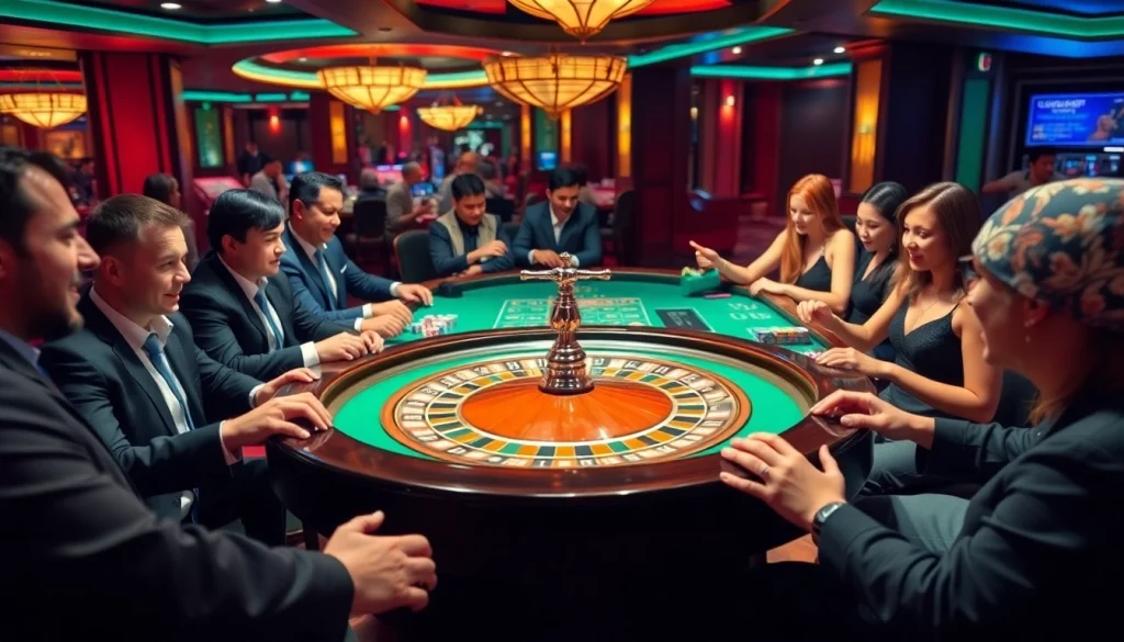 PG88 casino scene showcasing players engaged at a roulette table with vibrant chips and excitement in the air.