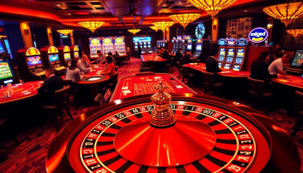 Experience the thrill of gk88's casino atmosphere with players at roulette and poker tables.