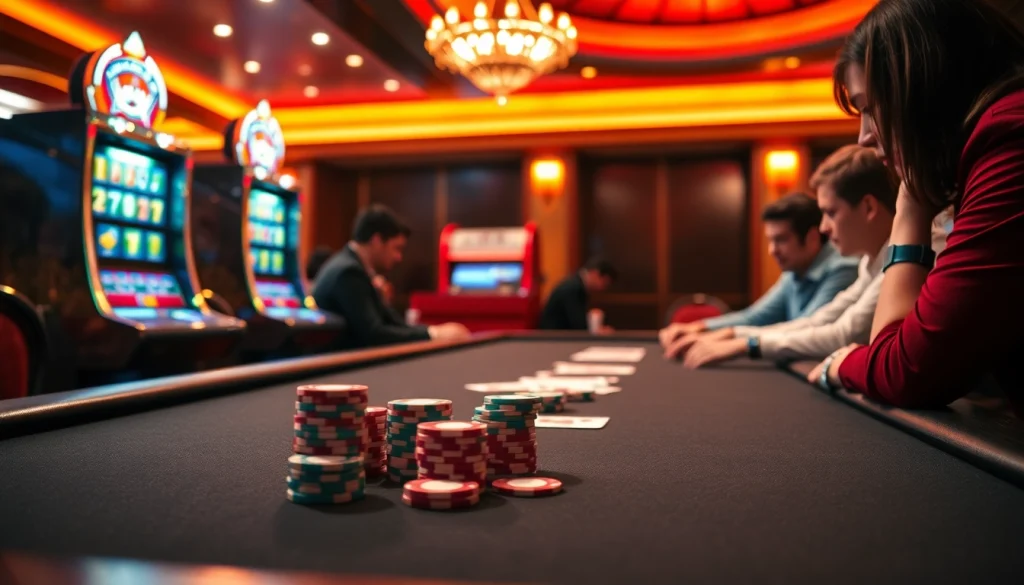 LK68Vip players enjoying an intense poker game amidst vibrant casino lights.