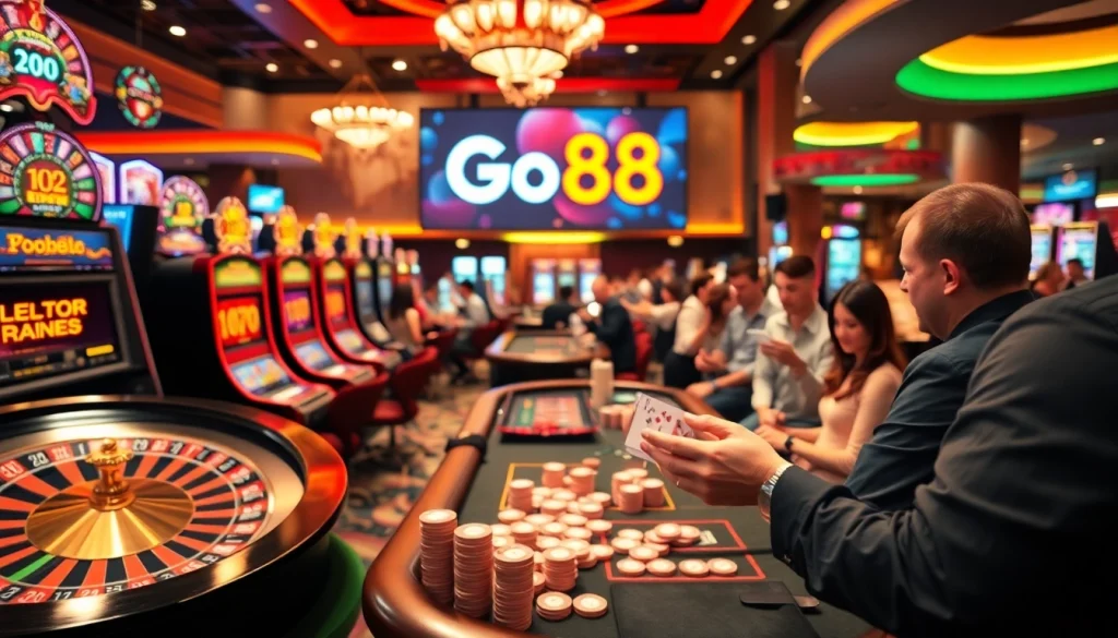 Experience the thrill of Go88 as players celebrate wins at a vibrant casino table.